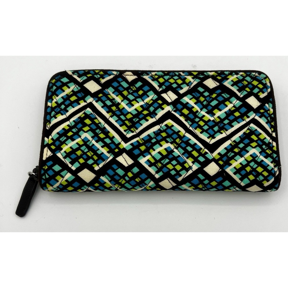Vera Bradley RFID Blocking Georgia Wallet Rain Forest Pattern Brown & Blue EUC